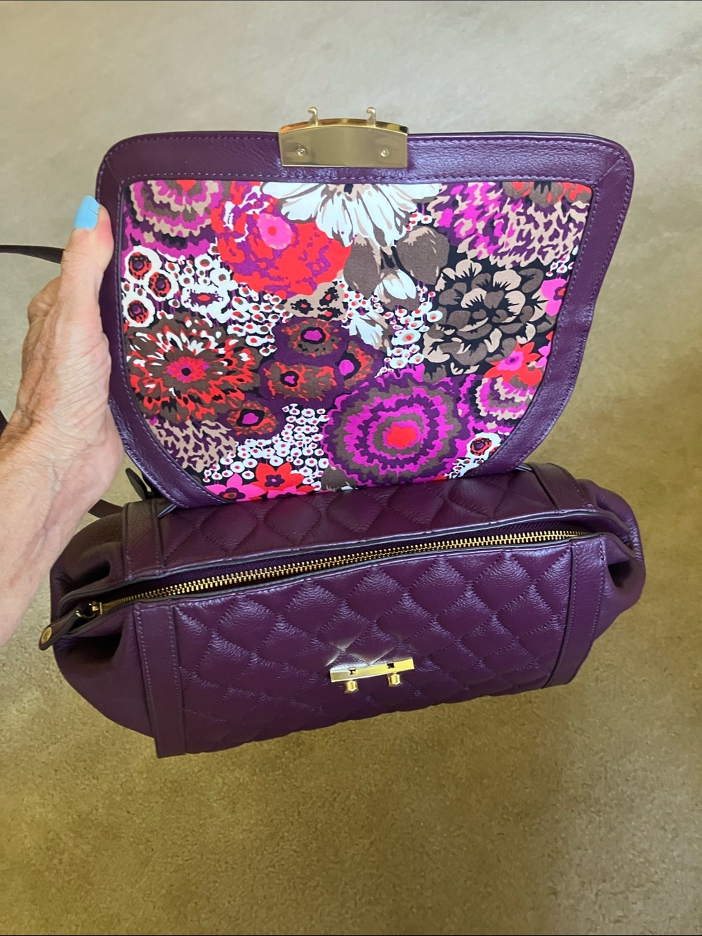 Vera Bradley Quilted Leather Stella Satchel in Aubergine, eggplant gold hardware - Picture 7 of 14
